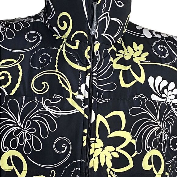 Athleta XL Goose Down Puffer Vest Black Yellow Floral Adjustable Jacket Women’s - Picture 3 of 6